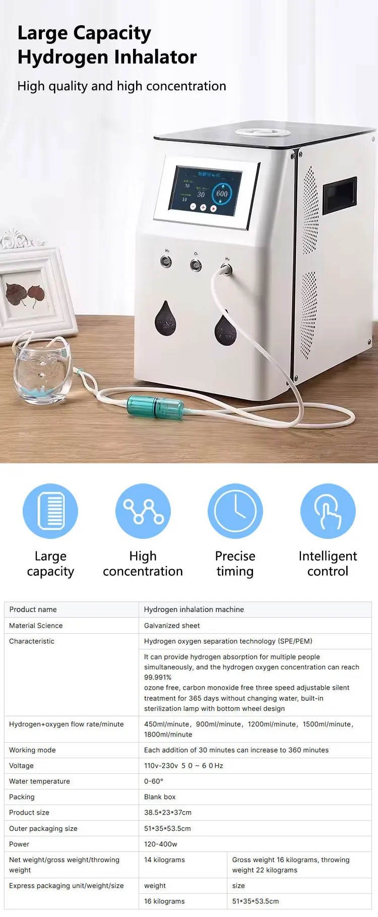 Intelligenter Heimgebrauch-Wasserstoffgenerator mit Direktabsaugung, Einfach zu Bedienen, mit Nasensaugrohr, 900-1800ml/min