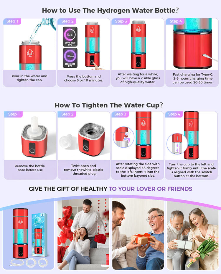 6000PPB Hydrogen Water Generator Bottle High Purity SPE PEM Dual Chamber Maker lonizer Cup H2 Inhalation device Time Display