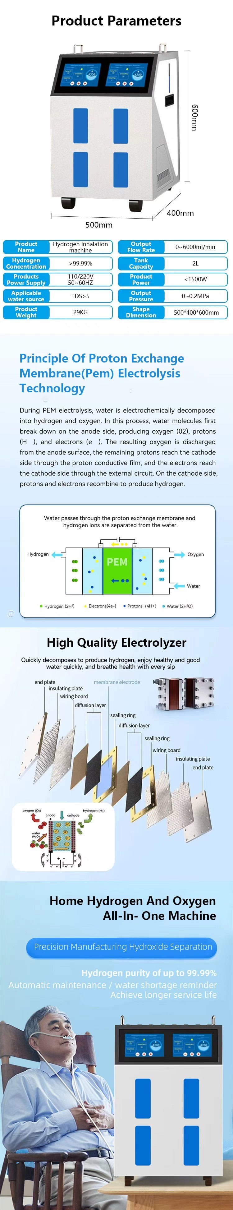 Home Wellness Hydrogen Inhaler Machine Mutil Person CE Certified Portable 6000ML High Flow Rate Hydrogen Brown Gas Machine