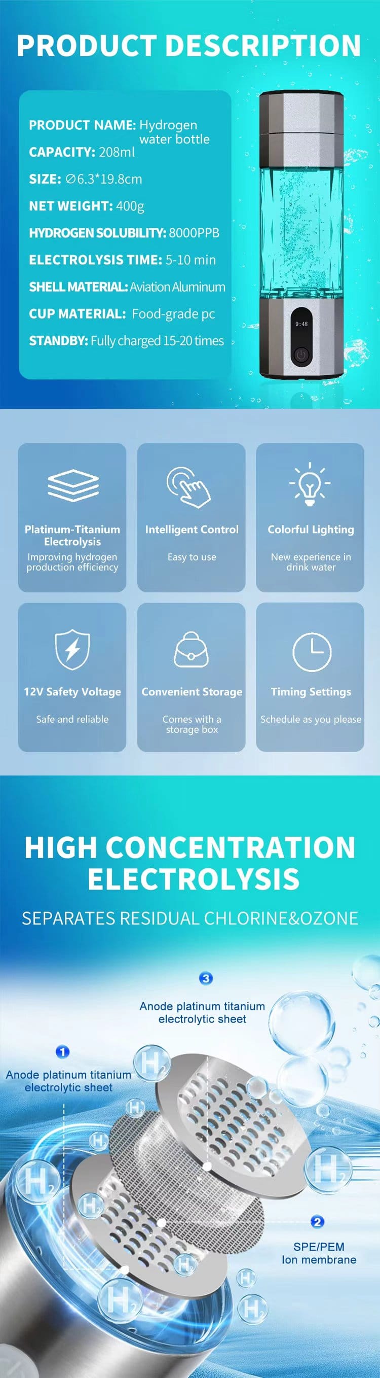 Bulk Sale Hydrogen Water Bottle SPE PEM Tech 5000PPB 8000PPB High Concentration Hydrogen Water Ionizer Generator Machine CE