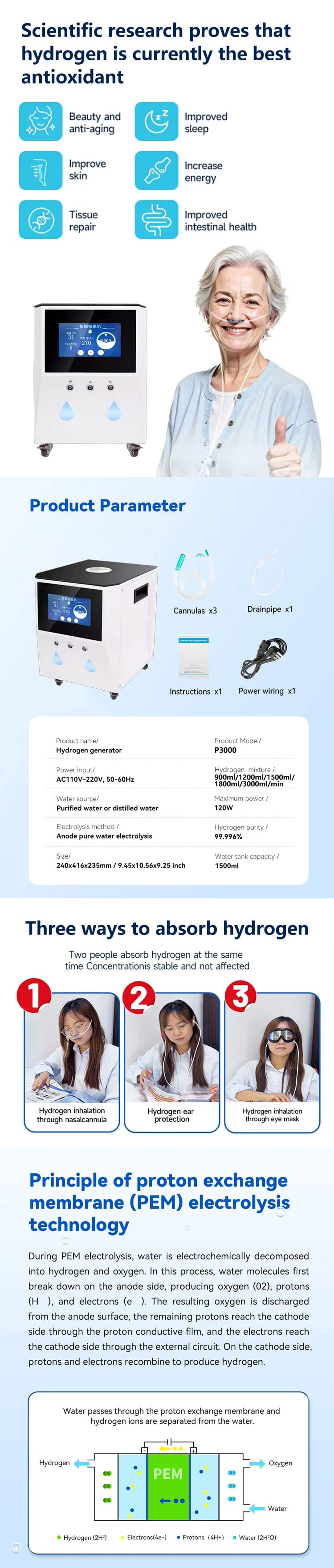 3000ML Hydrogen Inhalation Machine Home Use Hydrogen Oxygen Generator Water Ionizer H2 Molecular Inhalator CE Certificated