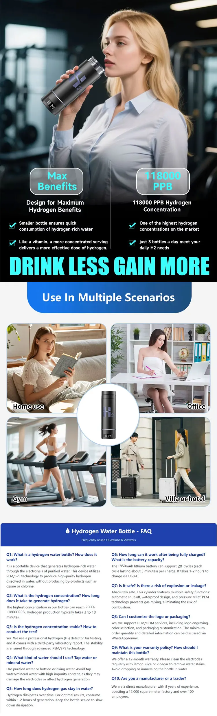 Wholesale SPE PEM Hydrogen Water Generator Hydrogen Water Maker Ionizer 9000ppb Hydrogen Water Bottle Generator with Inhaler
