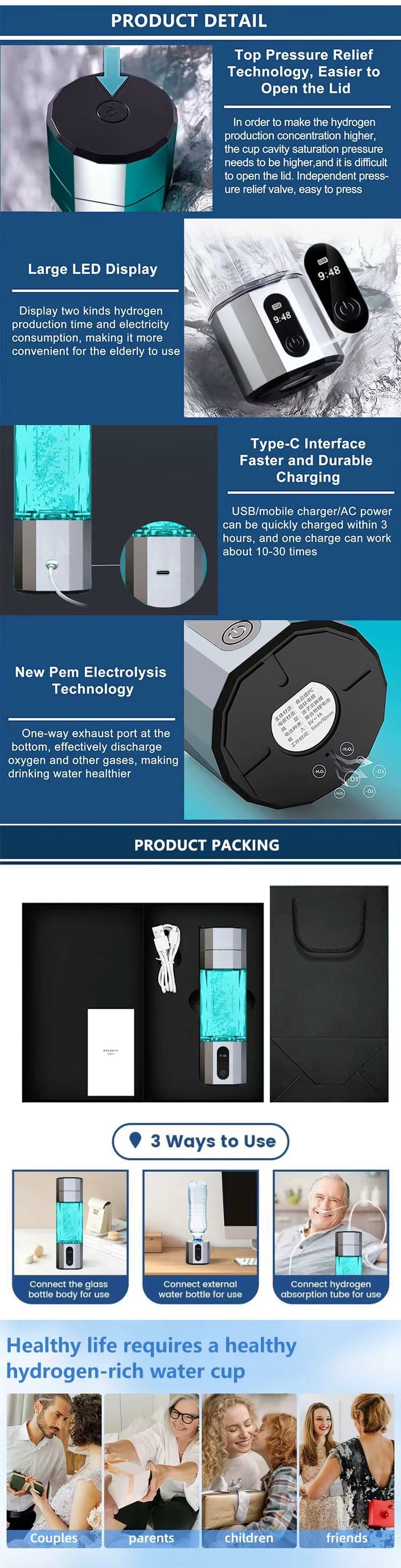 Bulk Sale Hydrogen Water Bottle SPE PEM Tech 5000PPB 8000PPB High Concentration Hydrogen Water Ionizer Generator Machine CE